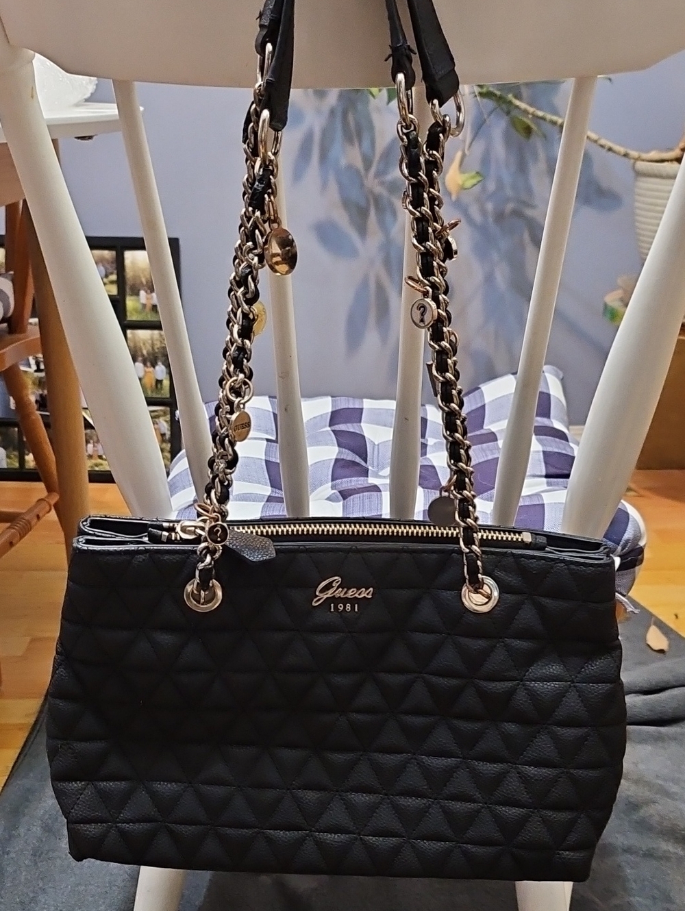 Guess Black Quilted Shoulder Bag with Gold Chain Straps